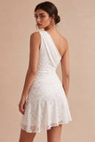 One Shoulder Lace Asymmetrical Bodycon Little White Dress