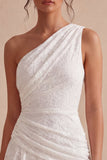 One Shoulder Lace Asymmetrical Bodycon Little White Dress
