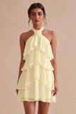 Halter A-Line Tiered Chiffon Little White Dress with Ruffles