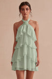 Halter A-Line Tiered Chiffon Little White Dress with Ruffles