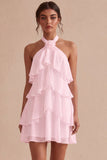 Halter A-Line Tiered Chiffon Little White Dress with Ruffles