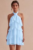 Halter A-Line Tiered Chiffon Little White Dress with Ruffles