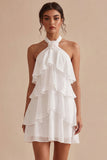 Halter A-Line Tiered Chiffon Little White Dress with Ruffles