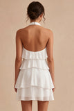 Halter A-Line Tiered Chiffon Little White Dress with Ruffles