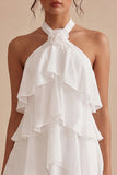 Halter A-Line Tiered Chiffon Little White Dress with Ruffles