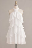 Halter A-Line Tiered Chiffon Little White Dress with Ruffles