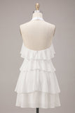Halter A-Line Tiered Chiffon Little White Dress with Ruffles