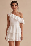 One Shoulder Ruffled A-Line Chiffon Little White Dress