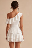 One Shoulder Ruffled A-Line Chiffon Little White Dress