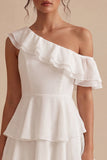 One Shoulder Ruffled A-Line Chiffon Little White Dress