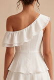 One Shoulder Ruffled A-Line Chiffon Little White Dress