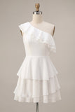 One Shoulder Ruffled A-Line Chiffon Little White Dress