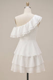 One Shoulder Ruffled A-Line Chiffon Little White Dress