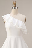 One Shoulder Ruffled A-Line Chiffon Little White Dress