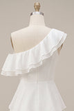 One Shoulder Ruffled A-Line Chiffon Little White Dress