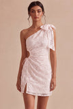One Shoulder Cut Out Bodycon Little White Dress with Bow
