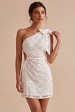 One Shoulder Cut Out Bodycon Little White Dress with Bow