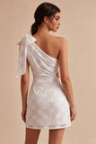 One Shoulder Cut Out Bodycon Little White Dress with Bow