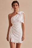 One Shoulder Cut Out Bodycon Little White Dress with Bow