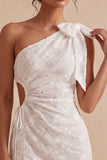 One Shoulder Cut Out Bodycon Little White Dress with Bow