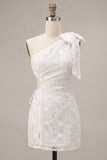 One Shoulder Cut Out Bodycon Little White Dress with Bow