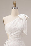 One Shoulder Cut Out Bodycon Little White Dress with Bow