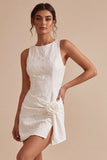 Bodycon Round Neck 3D Flower Little White Dress with Slit