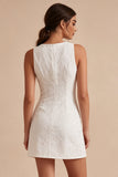 Bodycon Round Neck 3D Flower Little White Dress with Slit