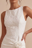 Bodycon Round Neck 3D Flower Little White Dress with Slit