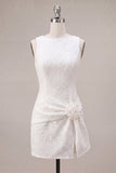 Bodycon Round Neck 3D Flower Little White Dress with Slit