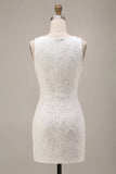 Bodycon Round Neck 3D Flower Little White Dress with Slit