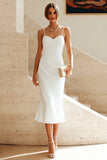 Mermaid White Spaghetti Straps Midi Engagement Dress