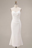 Mermaid White Spaghetti Straps Midi Engagement Dress