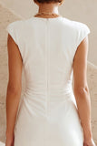 Bodycon Round Neck Little White Dress with Cap Sleeves