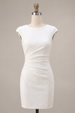 Bodycon Round Neck Little White Dress with Cap Sleeves