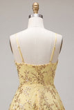Yellow A-Line Spaghetti Straps Sequins Graduation Dress
