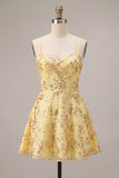 Yellow A-Line Spaghetti Straps Sequins Graduation Dress