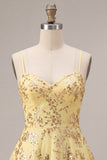 Yellow A-Line Spaghetti Straps Sequins Graduation Dress