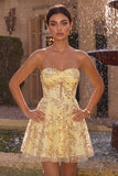 Strapless Yellow Sequins A-Line Mini Party Dress with Keyhole