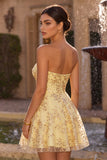 Strapless Yellow Sequins A-Line Mini Party Dress with Keyhole