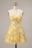 Strapless Yellow Sequins A-Line Mini Party Dress with Keyhole