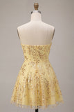 Strapless Yellow Sequins A-Line Mini Party Dress with Keyhole
