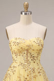 Strapless Yellow Sequins A-Line Mini Party Dress with Keyhole