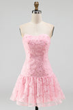 Pink Strapless A-Line Beaded Short Cute Graduation Dress with 3D Flowers
