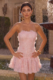 Pink Strapless A-Line Beaded Short Cute Graduation Dress with 3D Flowers