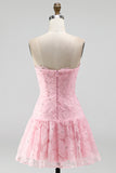 Pink Strapless A-Line Beaded Short Cute Graduation Dress with 3D Flowers