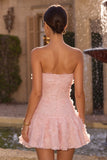 Pink Strapless A-Line Beaded Short Cute Graduation Dress with 3D Flowers
