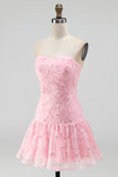 Pink Strapless A-Line Beaded Short Cute Graduation Dress with 3D Flowers
