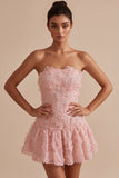 Pink Strapless A-Line Beaded Short Cute Graduation Dress with 3D Flowers