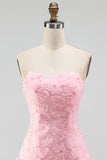 Pink Strapless A-Line Beaded Short Cute Graduation Dress with 3D Flowers